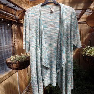 Chicos olive and turquoise with lurex threads open front long shawl cardigan